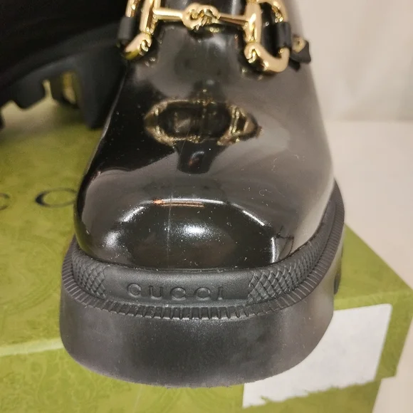 GUCCI Luxe Horse Bit Boots SNAKE ON BOTTOM! Black Rubber Snow or Rain - Picture 10 of 13